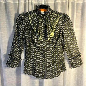 Exquisite Cynthia Steffe Victorian Ruffled Black Green Silver Blouse Steampunk